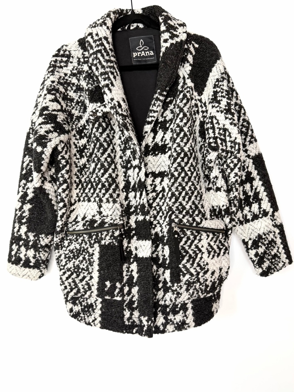 PrAna Charcoal & Ivory Textured Wool Blend Fall Tweed Zip Up Shawl Collar Coat
